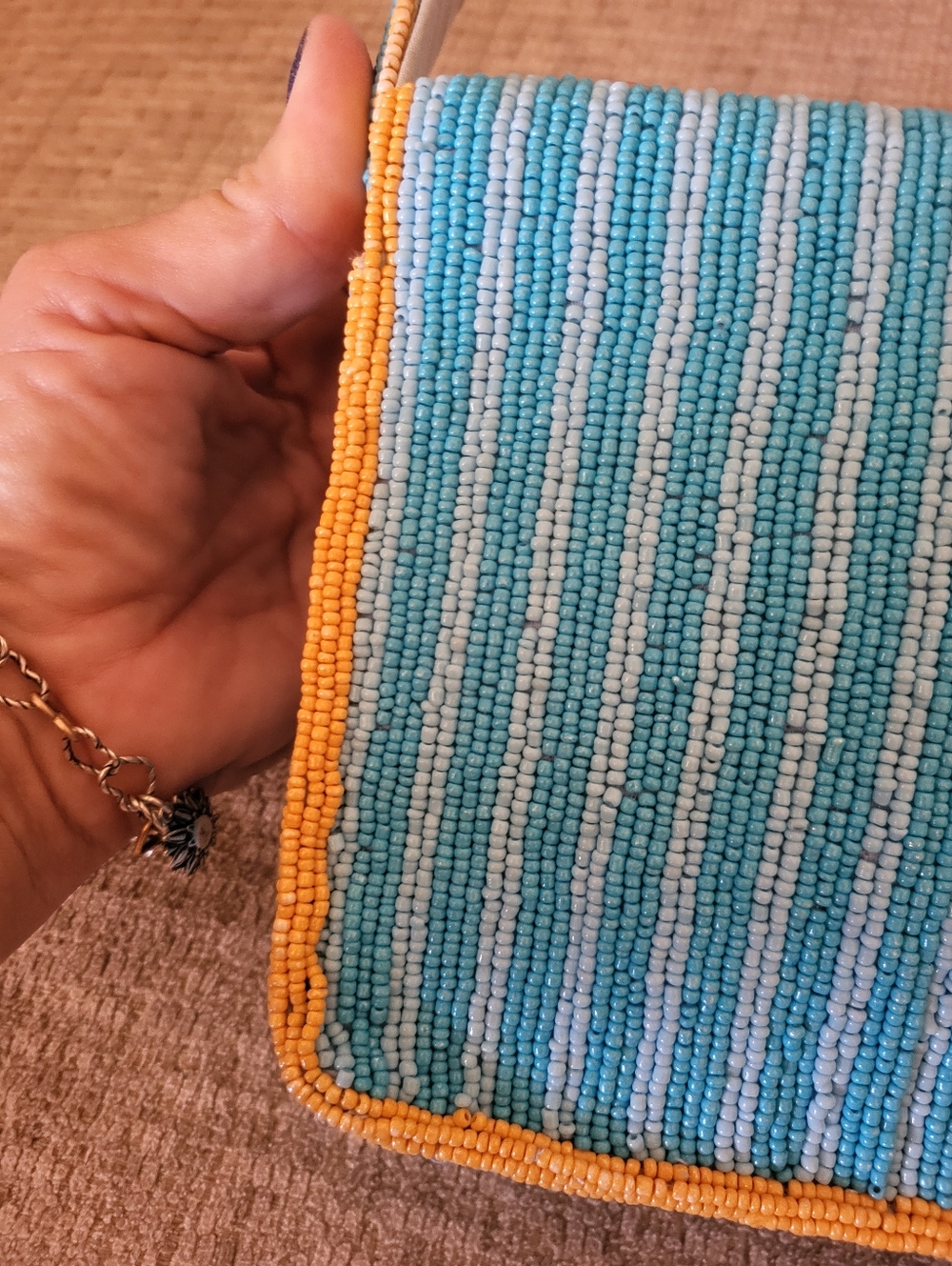 Hand-Beaded Blue & Gold Striped Lemon Motif Shoulder Bag. - Picture 9 of 16